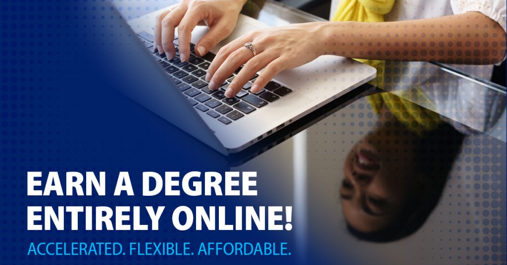 laptop computer keyboard with hands typing and text reading: earn a degree entirely online 