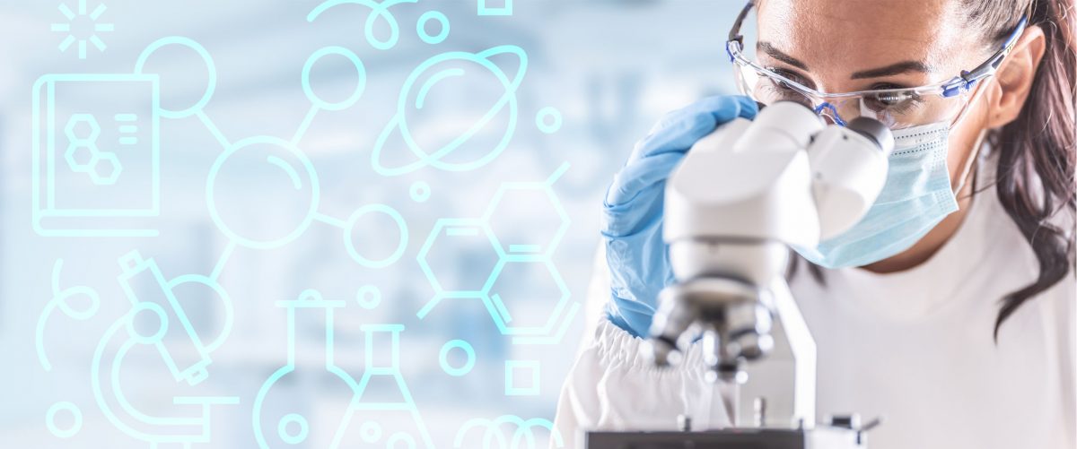 STEM Week banner of a woman looking through a microscope while doing science