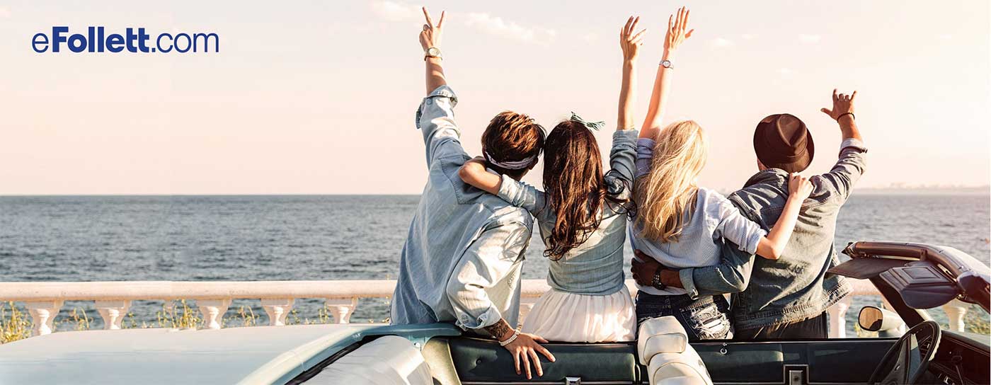 eFollett.com (Four students arm in arm leaning on their car, looking out to sea.)