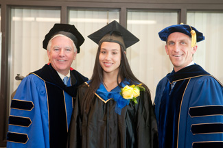 UMass Chancellor Marty Meehan, Student Commencement Speaker Cecilly Deorocki, and NECC President Lane Glenn