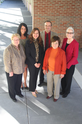 Left to right front, Kathy Vesey, director of the Gallaudet University Regional Center at Northern Essex Community College, Annie Baez, NECC Student and participant in Summer Transition to Work Program,  Matilda “Tilly” DelVecchio, NECC controller, and Commissioner Heidi L. Reed from the MA Commission for Deaf and Hard of Hearing. Rear, Patricia Pierce, grant accountant in the NECC business office, and Bill Heineman, NECC vice president of academic and student affairs. 