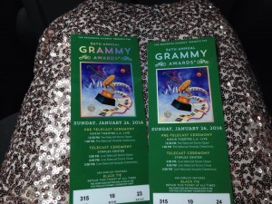 Tickets to the Grammys that Erin won through a Mix 104.1 radio contest.