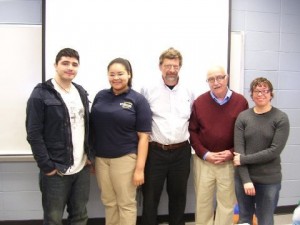 --- Northern Essex Community College hosted a panel discussion March 12 on “Genocide in Our Time.” Taking part were, from left, Nik Arboleda, president, Contemporary Affairs Club, which sponsored the event; student Nairoby Sanchez, representing Rwanda; Dr. Stephen Russell, instructor and moderator; Gazette columnist Tom Vartabedian, representing Armenia, and Dr. Ivy Helman, Merrimack College instructor, who discussed the Jewish Holocaust.