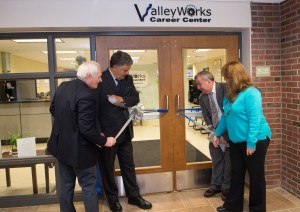 George Moriarty, NECC's director of workforce development and corporate relations; Haverhill Mayor Jim Fiorentini; Arthur Chilingirian, executive director of ValleyWorks Career Center; and Dawn Beati, career center manager, ValleyWorks.