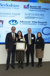 Lance Hartford, executive director of MassBioEd Foundation; Marguerite White-Jeanneau, professor of natural sciences; Bill Heineman, vice president of academic and student affairs; and Carolyn Cohen-Knoepfler,PhD, Acting Assistant Dean of Math and Science.