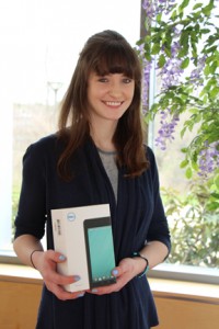 Emily Zinsmeister received a Dell Tablet donated by Dell, Inc. for her award winning English Composition I essay.