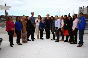 U.S. Senator Elizabeth Warren (center in photo) visited with NECC students for a discussion of college affordability.