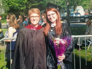 Graduate Samantha Smith (right in photo) celebrates with her Professor, Luce Aubry.