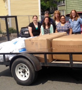 From Left to Right: Emmaus House staff members accepted 100 pillows donated by the Northern Essex Community College Human Services Club. Front (l to r) Leah Schenkel, Kaleigh Timmins, and Nancy Rusk. Back row, Helen Houle, Gelenni Garcia, and Katie Berry.