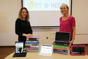 Text Book Task Force co-chairs Jody Carson (left) and Sue Tashjian sow some of the sources available through Open Educational Resources (right) as well as books 