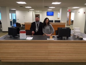 Library staff assistant Fred Curty and assistant librarian Susan Leornadi will great students at the central desk in the new computer lab on the second floor of the Bentley Library.