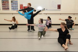 members of NECC's Modern Dance class will perform December 9 and 10. (Front right) Karrie Stang Mason of Dracut; second row, Lauren Gagne of Dracut; (Rear L to R) Tanya Borrero of Lawrence, Bethany Hill of Auburn, NH, (standing) Ben Joyall of Groveland, Connie Bodemer of Haverhill, and Geehae Moon of Newton, NH. 