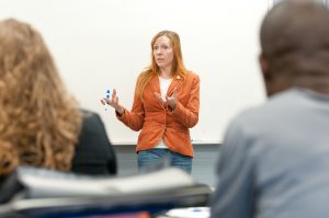 Professor Kristi Arford leads a class for current and prospective NECC students at the school's "College for a Day" event.