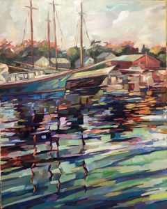 A painting showing Maine boats docked. 