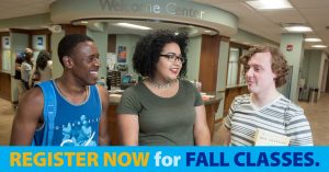 Students talk in the Student Center after registering. 