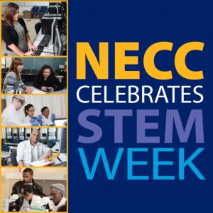 Text Spelling Out NECC Celebrates STEM Week with small photos of students engaging in STEM activities. 