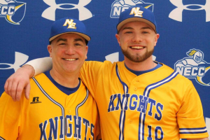 Jeff Mejia and Jeff Mejia Jr. in Knights baseball shirts.