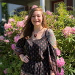 NECC 2020 grad Emily Forisso stands outside in front on a flowering bush.