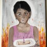 Drawing of a girl holding a piece of cake with a candle in it