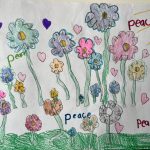drawing of colorful flowers with the word peace written in marker