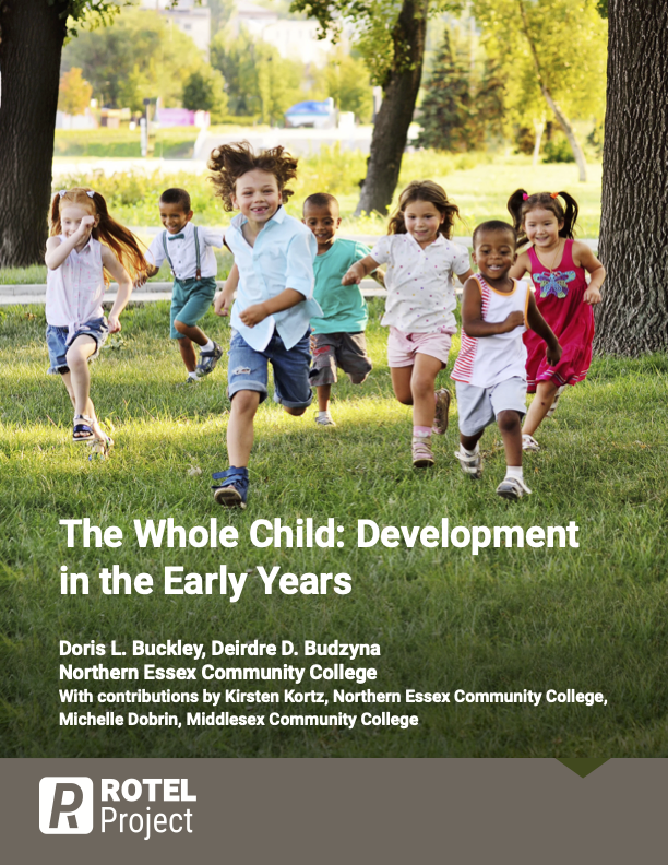 picture of the front of text book featuring children running and the title "The Whole Child: Development in the Early Years