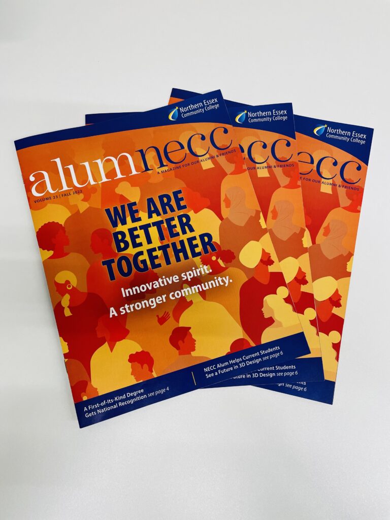 three alumnecc magazines fanned out. cover says "we are better together" in bold blue over an orange backdrop