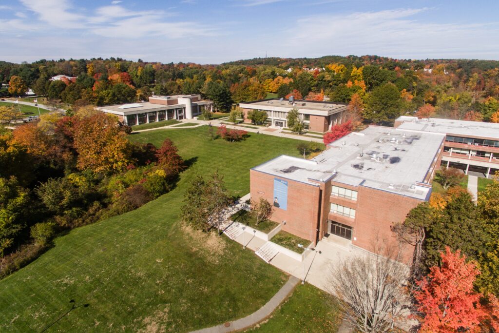 aerial image of the Haverhill Campus of NECC featuring changing leaves