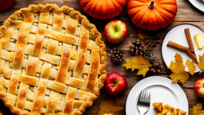 A closeup shot of a pie on a Thanksgiving table surrounded by leaves, apples, pumpkins