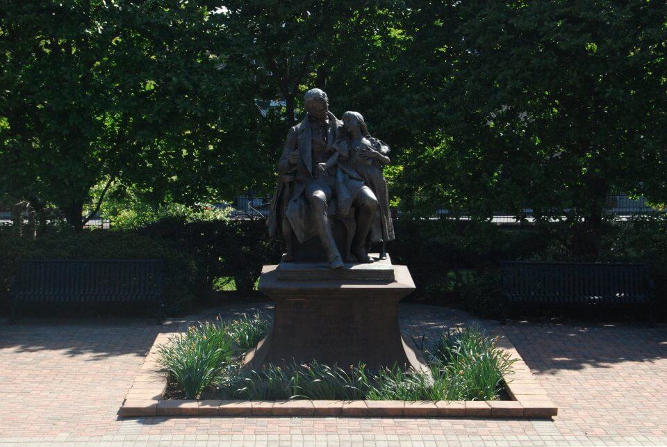Statue on the campus of Gallaudet University of Thomas Gallaudet and Alice Cogswell