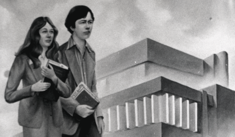 vintage image of students walking on campus