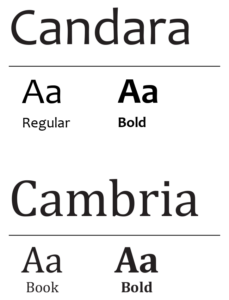 Typography examples demonstrating the fonts Candara, a sans-serif font, and Cambria, a serif font.