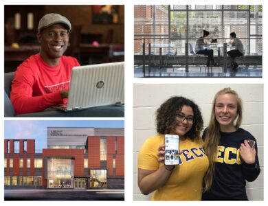 A selection of photos taken by NECC, including a student on a laptop in the student center, two students sitting at a table across from each other eating, a photo of the Lawrence NECC campus, and a photo of two women wearing NECC gear while holding their cell phones