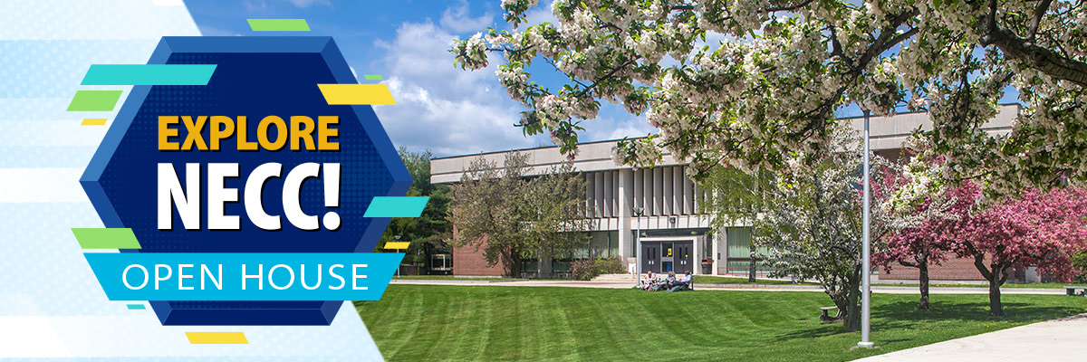 NECC Open House logo with photo of Haverhill Campus in Spring