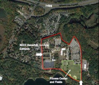 A map of NECC Haverhill campus, featuring an outline of the current and proposed athletic center