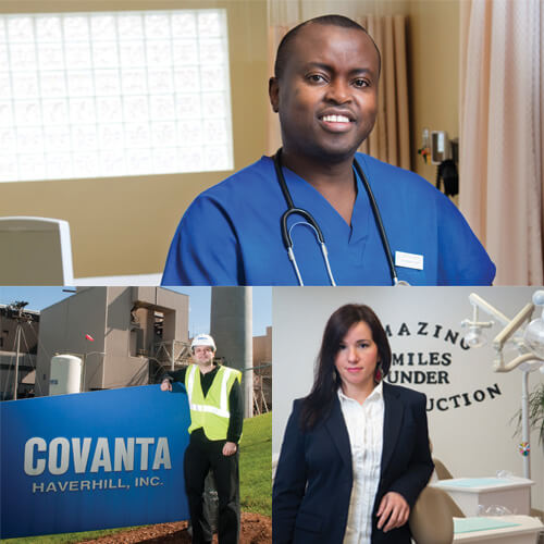 Three NECC students in various professional settings; in a Doctor's Office, on a Covanta work site, and in a business setting.