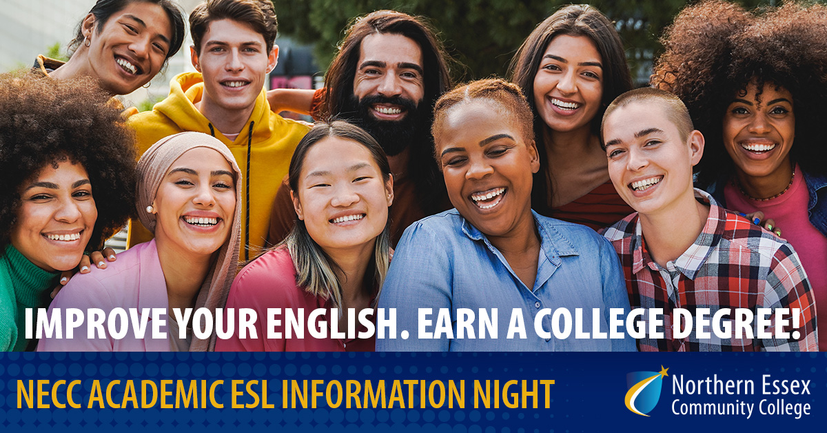 Improve your English, earn a college degree - photos of multicultural students on the NECC campus smiling at the camera
