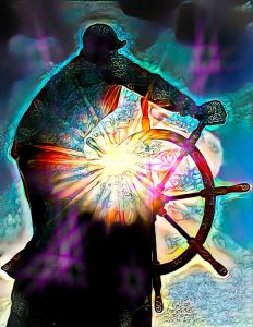Digital graphic art of a captain of a ship turning the large wheel. A burst of light, colors and patterns comes from the wheel beneath his arm and stomach.