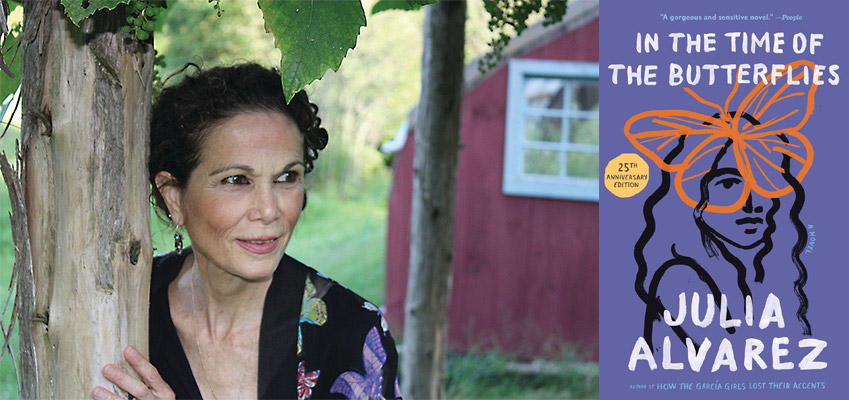 Julia outside under a shade tree, with the new, purple, 25th anniversary edition cover of her book "In the Time of Butterflies" to the left. The cover has a line drawing of a long haired woman with a large orange butterfly on her head