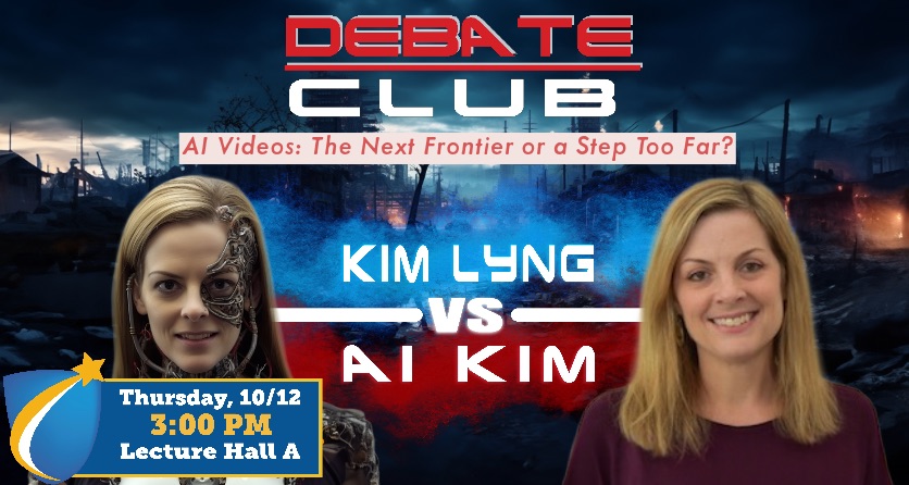 The banner for the event, featuring two portraits of Kim Lyng on each side - one with her photoshop manipulated as a robot, and one of her normally presented
