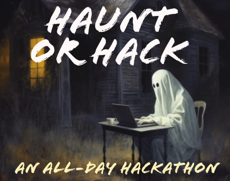 Haunt or Hack poster, featuring a ghost working on a laptop in a haunted looking room