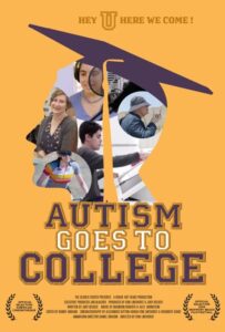 Autism Goes To College Poster, a yellow background with a collection of students faces coming together in the center to form a montage