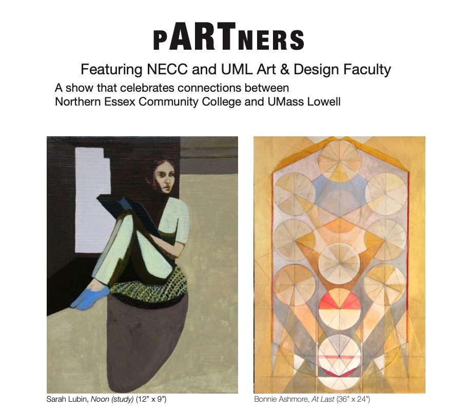 pARTners, featuring NECC and UML Art and Design Faculty, celebrating the connection between NECC and UMass Lowell. Featuring two thumbnails of art. A woman reading a book in a closet in a cell shaded style titled Noon, and an abstract piece of intersecting circles and lines titled At Last.