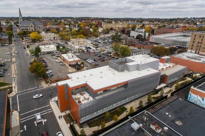 Ariel view of the NECC Lawrence Campus parking lots near the El Hefrni Allied Technology Center.