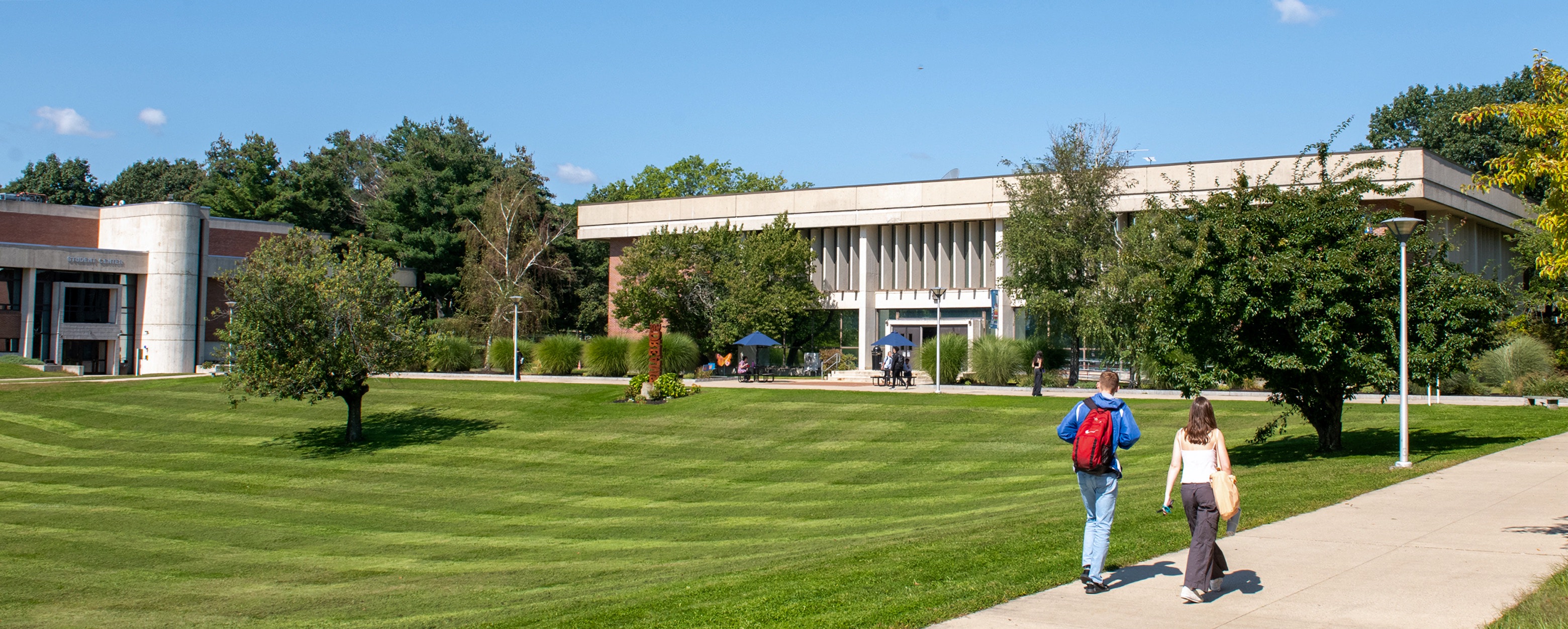 The NECC campus at summer with students walking by, library in focus in center of frame