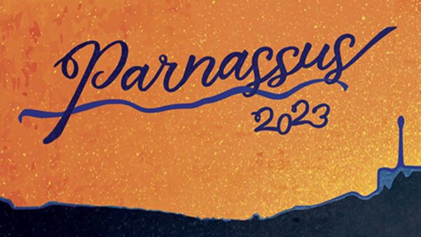 Parnassus 2023 coverart, an orange gradient with a dark blue & black gradient for the ground with waveform like shapes