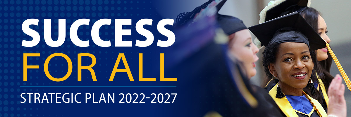 A banner image of two female NECC graduates with the text Success For All - Strategic Plan 2022-2027 on it