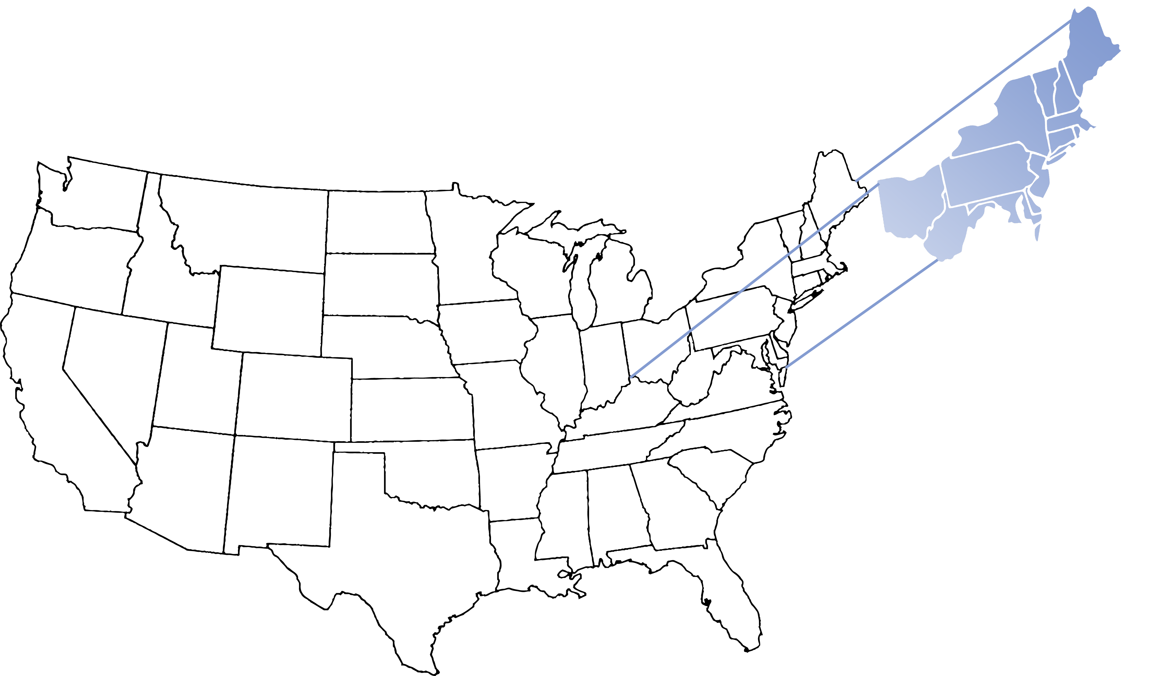 A line drawing of the united states with the east region popping out and shaded in